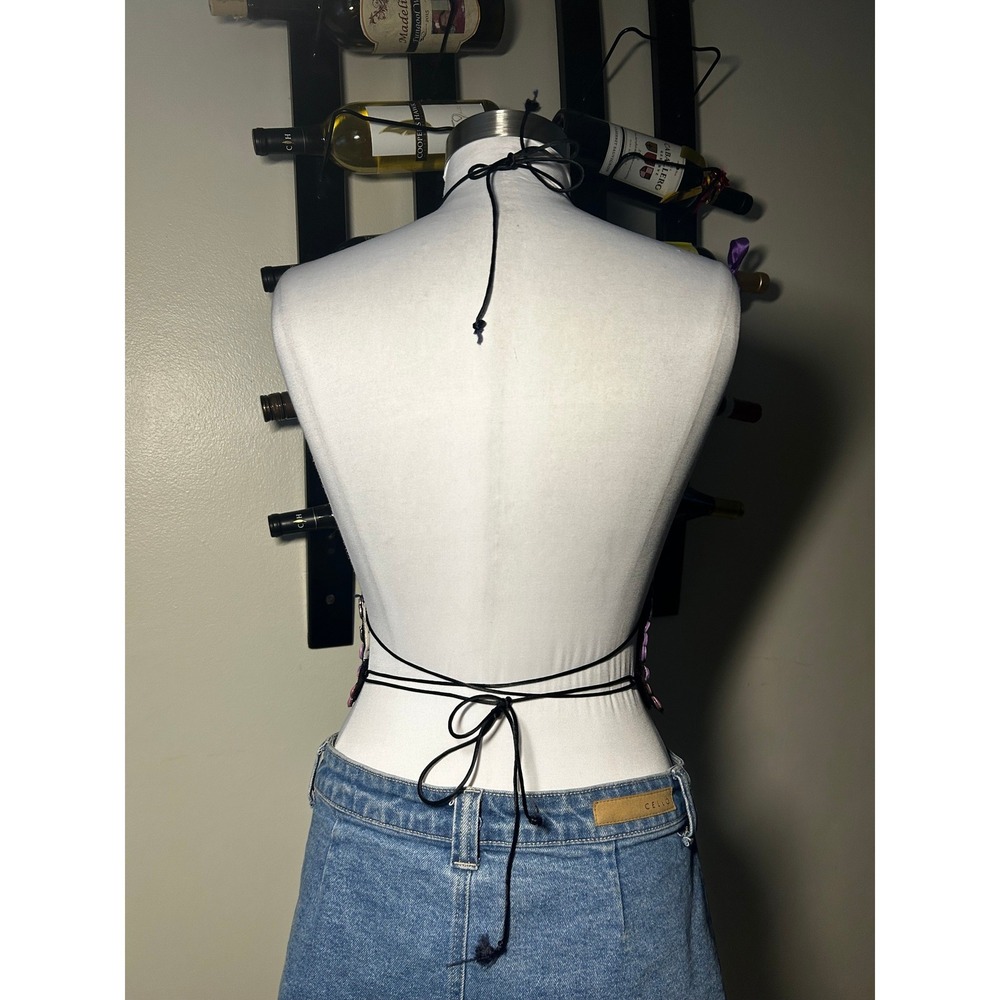 RARE Ema Savahl Hand Painted 3D Floral Halter Tie Back Top Black Mesh Appliqué - Picture 3 of 12